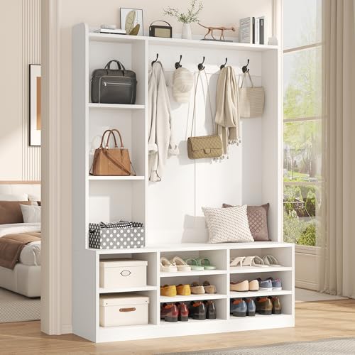 White Hall Tree with Storage Bench, 5-in-1 Entryway Bench with Coat Rack, Adjustable Shoe Storage, Hanging Hooks, Shoe Organizer for Entryway, White - color: White B