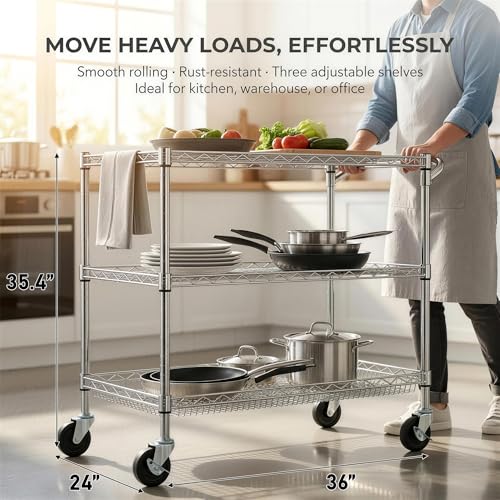 Finnhomy 3 Tier Heavy Duty Commercial Grade Utility Cart, Wire Rolling Cart with Handle Bar, Steel Service Cart with Wheels, Kitchen Carts on Wheels, Metal Cart Shelf Size 24" D x 36" W, NSF, Chrome - size: 36"L x 24"W x 35.4"H-3 Tier, style: Chrome Cart