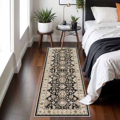Washable Hallway Runner Rug 2x6: Non Slip Runner Rugs with Rubber Backing | Soft Kitchen Rug Farmhouse Distressed Carpet Runner for Living Room Bedroom Bathroom - Black and Green Rug Stain Resistant - color: Black, size: 2' x 6' (Rectangular)