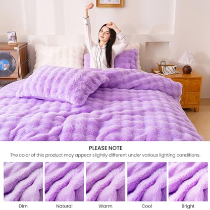 Fluffy Lavender Duvet Cover Full Set, Soft Shaggy Plush Rabbit Bedding Set 3 Pieces (1 Fuzzy Comforter Cover + 2 Faux Fur Pillow Cases)（Lavender, Full） - color: Lavender, size: Full