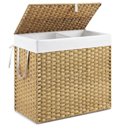 NEWBULIG 110L Extra Large Divided Laundry Hamper with Lid, 2 Section Collapsible Dirty Clothes Basket, Dual Removable Liner Bags for Bedroom, Bathroom, Closet and Dorm Room Organization Goose Yellow - color: Goose Yellow