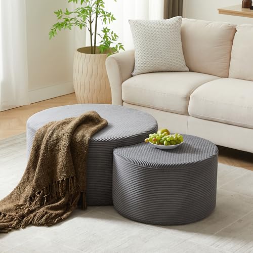 49.7'' Foam Round Nesting Coffee Table Set of 2, Modern Upholstered Side End Table Ottoman Footrest, No Assembly, Gray - color: 49.7''-gray