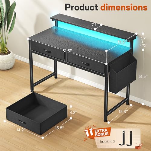 DurayLoly 31Inch Office Computer Desk with LED Lights & 2 Fabric Drawers, Gaming Desk with Side Pocket & Ergonomic Monitor Stand, Small Space Study Writing Table with Anti-Tip Design,Black - color: Black, size: 31.0 Inch