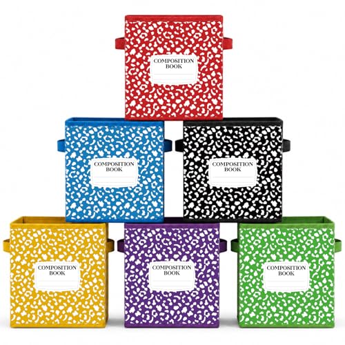 Crtiin 6 Pcs 11in Composition Book Classroom Fabric Storage Bins Cube Classroom Cubby Baskets with Handles Collapsible Bins for School Daycare Elementary Preschool Home Office (Composition Book) - style: Composition Book