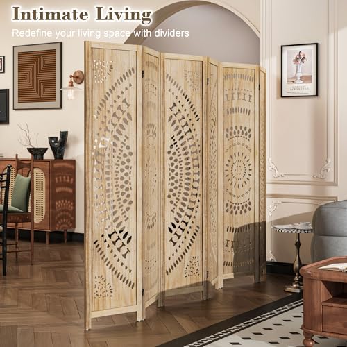WelFurGeer Handcrafted Carved Wooden Room Divider Screen, Folding Privacy Screen for Room Separation, Decorative Room Dividers, 360° Adjustable Folding Panels for Privacy, Home, Office & Patio - color: Natural, size: 6 Panels