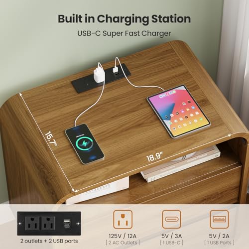 HAUOMS 23.6" Wide Wood Bedside Table, Curved Profile Design, Walnut | Charging Station, 2 Storage Drawers, 25" Tall Nightstand, Large Mid Century End Table, Bedroom/Living Room, Easy Assembly - color: Walnut
