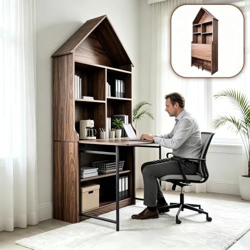 Folding A-Frame Bookshelf Narrow Bookcase with Hideaway Craft Desk Walnut | Convertible Hideaway Desk to Bookshelf for Small Spaces, Multifunctional Craft Table & Vanity - color: Natural Walnut