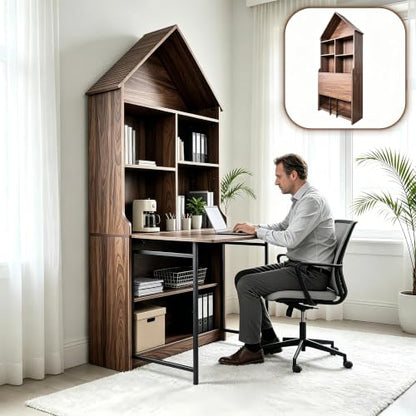 Folding A-Frame Bookshelf Narrow Bookcase with Hideaway Craft Desk Walnut | Convertible Hideaway Desk to Bookshelf for Small Spaces, Multifunctional Craft Table & Vanity - color: Natural Walnut