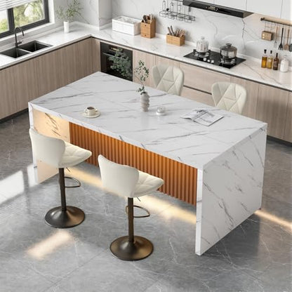 67" Kitchen Island Table with Faux Marble Top, Counter Height Dining Table for Kitchen, Modern Island Table with Fluted Base, Seats 4 - color: White1, size: Table Only