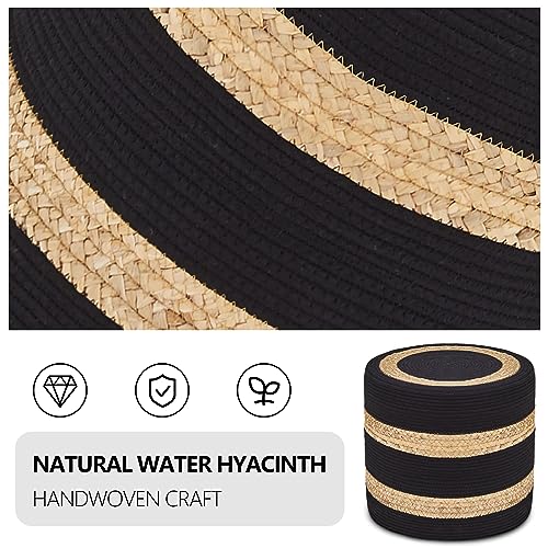 Wimarsbon 18'' Ottoman Pouf, Natural Braided Poof, Rustic Handweave Lounge Pouffe, Boho Footrest Stool for Bedroom, Accent Table or Seat for Living Room (Natural Water Hyacinth + Black Cotton Rope) - color: 18inch Natural Water Hyacinth + Black Cotton Rop