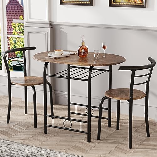 JUMMICO 3-Piece Wooden Round Table & Chair Set | Kitchen Breakfast Nook Wood Grain Tabletop with Metal Frame and Built-in Wine Rack for Kitchen, Dining Room (Brown/Black) - color: Brown/Black