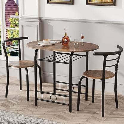 JUMMICO 3-Piece Wooden Round Table & Chair Set | Kitchen Breakfast Nook Wood Grain Tabletop with Metal Frame and Built-in Wine Rack for Kitchen, Dining Room (Brown/Black) - color: Brown/Black