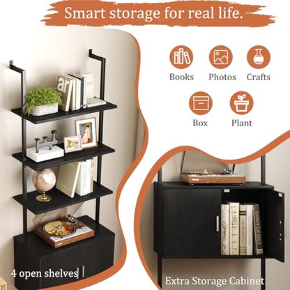 Yusong 73" Tall Bookshelf with Cabinet, Industrial Ladder Wall Mount Shelf Bookcase with Wood and Metal Frame, Plant Shelf Wall Storage Display for Living Room Bedroom, Black Wood Grain - color: Black