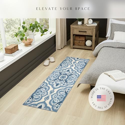 Maples Rugs Vivian Medallion Runner Rug - Made in USA - Washable, Non Slip, Indoor Carpet for Hallway, Kitchen, and Laundry Room, 1'8 x 5', Blue/White - color: Blue/White, size: 1'8" x 5' (Runner)