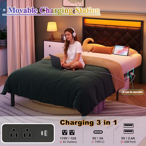 Twin Bed Frame with Charging Station, LED Light and PU Leather Upholstered Headboard, Platform Bed Frame with Under-Bed Storage, Easy Assembly, Noise Free, No Box Spring Needed, Black - size: Twin Size