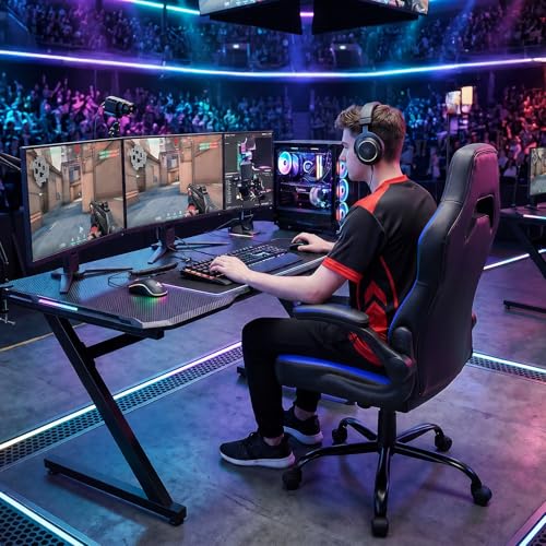 Sweetcrispy Computer Desk Chair, Lumbar Support Video Game Chair PU Leather | PU Leather Flip-up Armrest, Height Adjustable, 360 Swivel for Adults, Black Blue - color: Black Blue