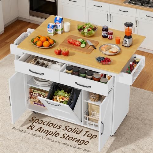 YESHOMY 56" Kitchen Island with Trash Can Storage, Drop Leaf Kitchen Island with Storage, 2 Drawers, 5 Wheels, Spice Rack & Towel Holder, White and Yellow Oak - color: White and Yellow Oak