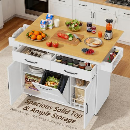 YESHOMY 56" Kitchen Island with Trash Can Storage, Drop Leaf Kitchen Island with Storage, 2 Drawers, 5 Wheels, Spice Rack & Towel Holder, White and Yellow Oak - color: White and Yellow Oak