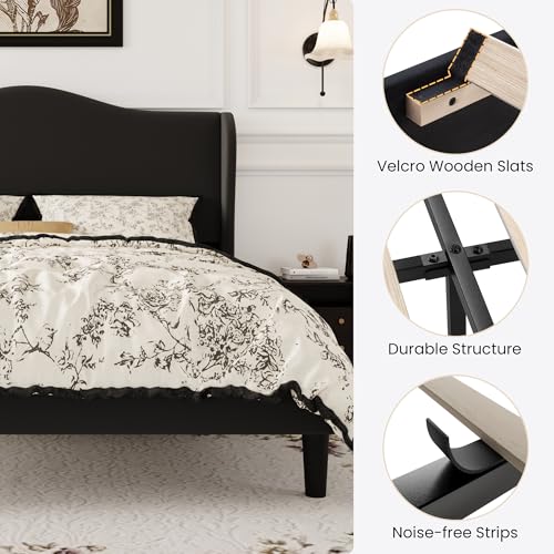 SHA CERLIN Full Size Bed Frame with Curved Wingback Headboard, Soft Black | Modern Luxury Design Velvet Platform Bed with Sturdy Wooden Slats,Noise-Free, No Box Spring Needed, Easy Assembly - color: Soft Black, size: Full