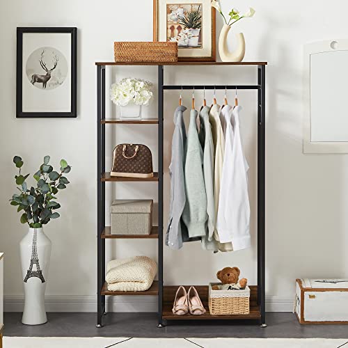 VECELO Open Garment Clothing Rack, Free-Standing Heavy Duty Storage Closet with 5 Shelves and Hanging Rod for Small Spaces, Max Load 350LBS, Brown - color: Dark Brown