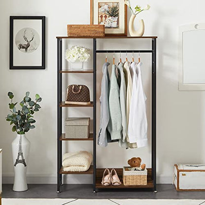 VECELO Open Garment Clothing Rack, Free-Standing Heavy Duty Storage Closet with 5 Shelves and Hanging Rod for Small Spaces, Max Load 350LBS, Brown - color: Dark Brown
