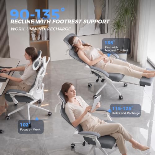 CYKOV Ergonomic Office Chair, Reclining, Footrest, Adjustable Lumbar, 350LB | 4-Way Headrest (4.72" + 60°), 2-Way Lumbar (2" + 1.18"), 90-135° Recline, Breathable Mesh, Gaming & Office, 5-Year Warranty - color: W-dgrey