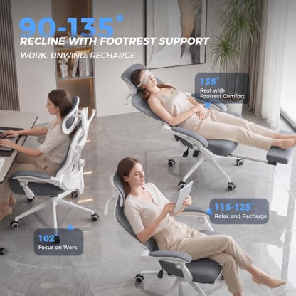 CYKOV Ergonomic Office Chair, Reclining, Footrest, Adjustable Lumbar, 350LB | 4-Way Headrest (4.72" + 60°), 2-Way Lumbar (2" + 1.18"), 90-135° Recline, Breathable Mesh, Gaming & Office, 5-Year Warranty - color: W-dgrey