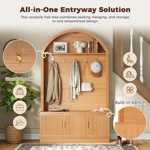 Farmhouse Fabric Arched Top Hall Tree with Wood Grain Finish, All-in-One Mudroom Furniture with Adjustable Shelves, Open Shelf, 5 Metal Hooks, Fluted Door Entryway Bench for Hallway (Natural-42) - color: Natural-42