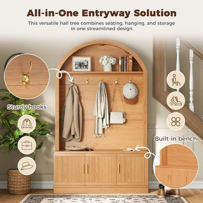 Farmhouse Fabric Arched Top Hall Tree with Wood Grain Finish, All-in-One Mudroom Furniture with Adjustable Shelves, Open Shelf, 5 Metal Hooks, Fluted Door Entryway Bench for Hallway (Natural-42) - color: Natural-42