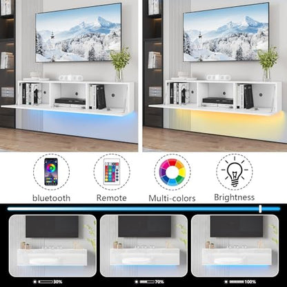 Floating TV Stand with LED for 60 65 70in TV, Glossy Wall Mounted Modern Entertainment Center with Storage, White - size: 63"W x 12"D x 13.5"H