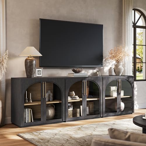 Sideboard Cabinet with Glass Doors, 94.5'' W Display Cabinet | Modular Buffet Storage Cabinet, Adjustable Shelves, Mid-Century Modern, For Kitchen, Living Room, Entryway, Dark Walnut - color: Dark Walnut-glass Doors