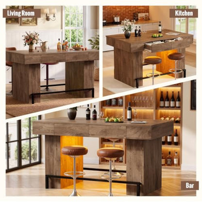 PAKASEPT 63" Bar Table, Rectangular Counter Height Pub Table with 4 Drawers and LED Lights, Large Wooden Counter Height Kitchen Island for Home Bar, Dining Room, Restaurant