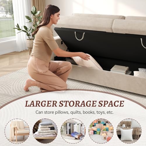 COPIAE Loveseat Sofa, Larger Couch Velvet Fabric with Storage, Charging Ports, Heightened Backrests, Removable Cover Modern Comfy Couches Easy Assembly for Living Room, 88 Inch Beige - color: Beige