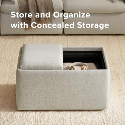 mopio Levi Storage Bench with Reversible Tray, Modern Storage Coffee Table, Bedroom Bench, Rectangular Cube Upholstered Coffee Table Ottoman for Living Room, Bedroom, Entryway (Fabric, Light Gray) - color: Light Gray Fabric, Rect.