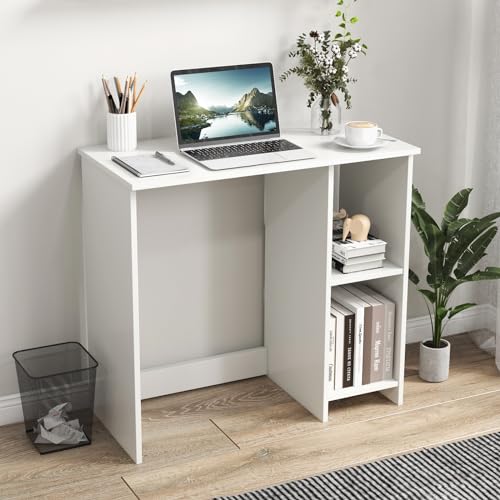 Tangkula Small White Desk with Shelves, Compact Desk for Small Space, Study Writing Table with 2 Tier Shelves, Modern Simple Style Laptop PC Table, White - color: White