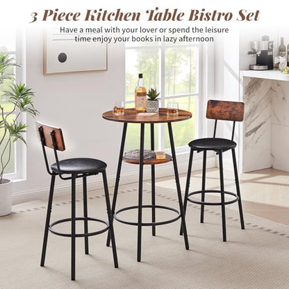 23.62” Diameter Round Bar Table Set for 2 with Storage Shelf, Counter Height Pub Table and Upholstered Bar Stools with Backrest, Small Round Kitchen Table for Small Spaces, Breakfast Nook Dining Table - color: Rustic Brown, style: Round w/ Upholstered Sto