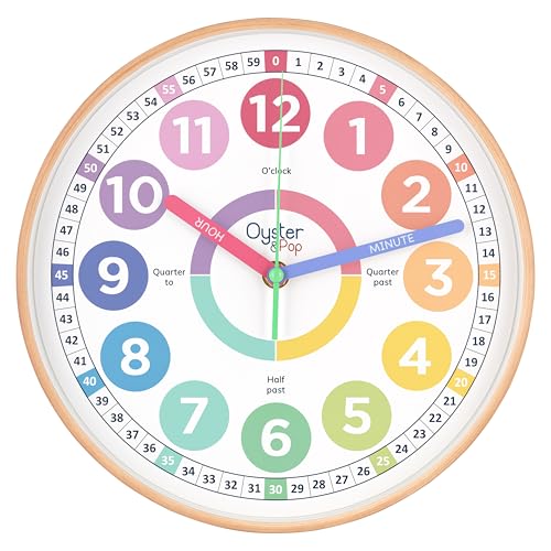 Oyster&Pop Pastel Kids Wall Clock - Silent 10" Analog Learning Clock | Fully labeled color-coded telling time teaching clock for classroom, bedroom, nursery and homeschool - toddlers to age 12 - color: Pastel, size: 10 inch