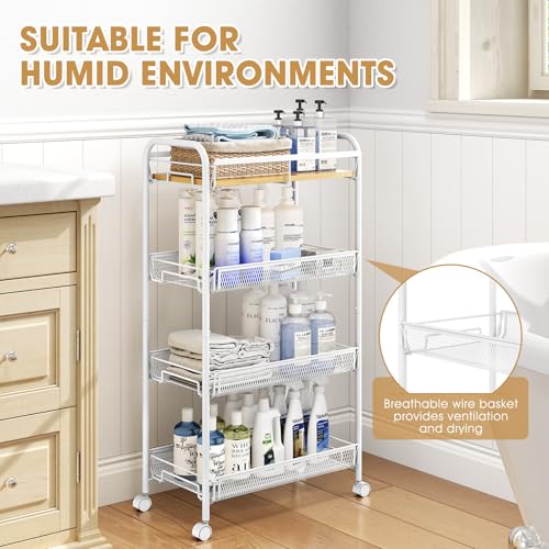 TOOLF 4-Tier Rolling Cart, Metal Utility Cart, Slide Out Storage Cart with Wooden Tabletop and Mesh Baskets, Easy Assemble Trolley for Kitchen Bathroom Laundry Room Bedroom Apartments Dormitory - size: Wide, style: White