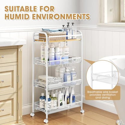 TOOLF 4-Tier Rolling Cart, Metal Utility Cart, Slide Out Storage Cart with Wooden Tabletop and Mesh Baskets, Easy Assemble Trolley for Kitchen Bathroom Laundry Room Bedroom Apartments Dormitory - size: Wide, style: White