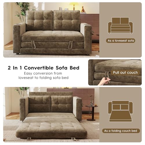 55" Convertible Folding Sofa Bed, Pull Out Couch Love Seat Sleeper Bed, Small Fold Out Loveseat sleeper with Cup Holder and Pillow for Small Space, Bedroom Lounge, Dorm, Living Room(Brown Chenille) - color: Brown