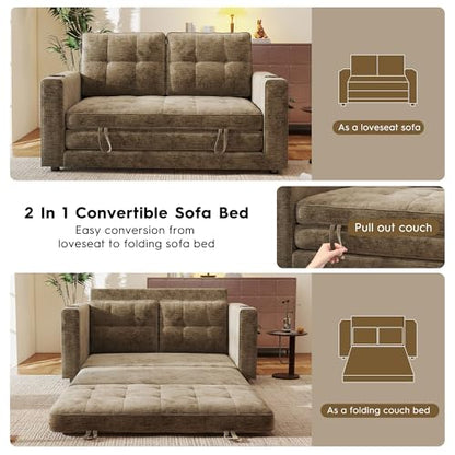 55" Convertible Folding Sofa Bed, Pull Out Couch Love Seat Sleeper Bed, Small Fold Out Loveseat sleeper with Cup Holder and Pillow for Small Space, Bedroom Lounge, Dorm, Living Room(Brown Chenille) - color: Brown