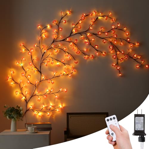 NIDISETPJAS Cherry Blossom Lights with Remote, 7.5 Ft 144 Flowers Enchanted Willow Vine Lights, 18 Branches 144 LEDs Lighted Willow Vine Tree Lights for Walls Bedroom Home Room Decor, Brown Branch - color: Brown-Flower, size: 1 Pc