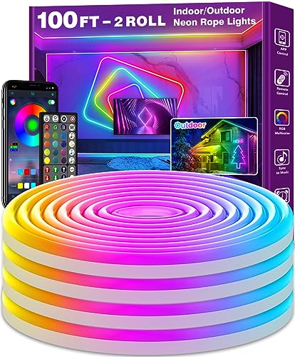 AILBTON 100Ft Neon Rope Lights,Flexible Led Rope Lights Control with App/Remote,Multiple Modes RopeLights,IP65 Outdoor RGB Led Neon Lights NonWater Resistant,Music Sync Gaming Led NeonLight Strip - size: 100FT