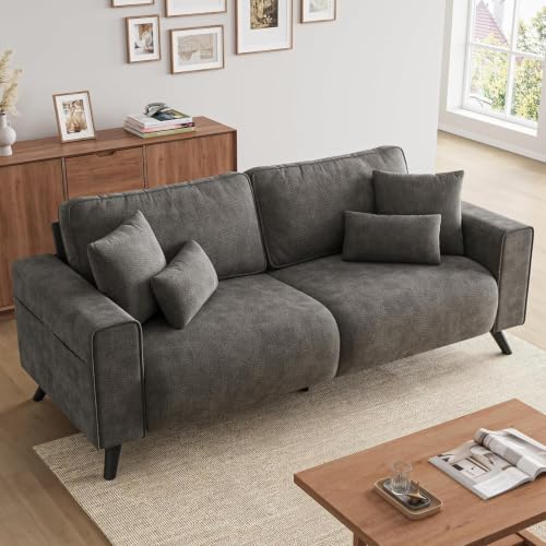 85" Loveseat Sofa, Chenille Couch with Deep Seat, Dark Grey | Clean-look modern couch with 4 pillows, hidden side pockets, easy assembly for living rooms, apartments, and offices - color: Dark Grey