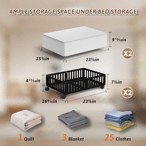MHXW SXPN 2 Pack Bamboo Under Bed Storage Containers with Wheels, Black | Underbed Drawer Storage with Bag, Wood Rolling Underbed Organizer for Shoes, Sheets Clothes Blanket Comforter, Under Crib Toy - color: Black, size: 2 PCS (23.62"×16.54")