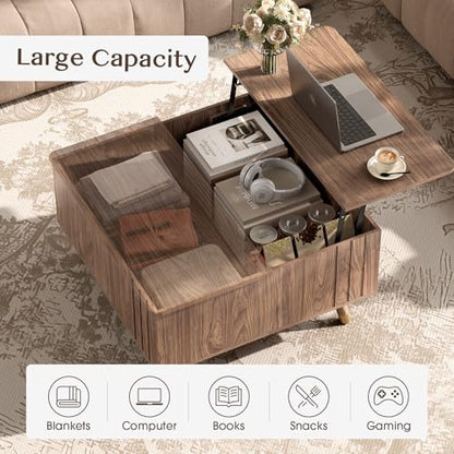 SULIVES Lift Top Coffee Table with Storage,Square Coffee Table with Lifting Top,Modern Center Table with Solid Wood Legs,Small Coffee Tables for Living Room,Walnut - color: Walnut_square