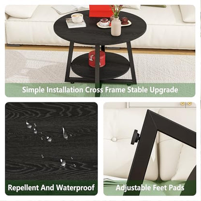 Round Coffee Table with Storage,Metal Small Coffee Table,Black | 2-Tier Circle Small Coffee Table for Living Room, Metal Frame/Wood Look,Modern Sofa Table Center for Home Office - color: Black