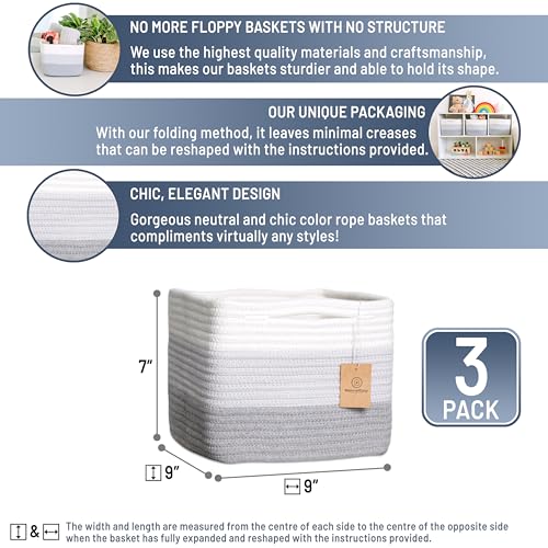 NaturalCozy Storage Cubes 9”x9”x7”Cotton Rope Woven Baskets for Organizing 3-Pack | 9 Inch Cube Storage Bin | Small Basket for Shelf Nursery, Pantry, Decorative Plant, Bathroom Closet, Toy Gift - color: 3-Tone Gray