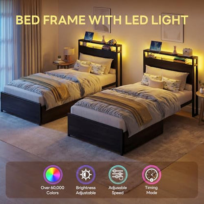 LIKIMIO Twin Bed Frame with DIY Layout Storage Drawers and LED Light | Black Platform Bed with 2-Tier Storage Shelf Headboard, Built-in Charging Station, Suitable for Teen Rooms, Small Space - size: Twin