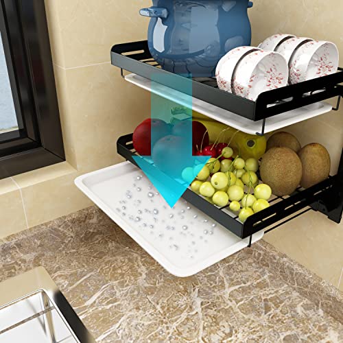 Wall Mounted Stainless Steel Dish Drying Rack Fruit Vegetable Storage Basket with Drainboard and Hanging Chopsticks Cage Knife Holder Kitchen Supplies Shelf Utensils Organizer (2-Tier) - color: 2-tier Dish Rack